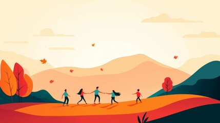 Fototapeta premium A stylized illustration depicting a group of people walking together through a vibrant landscape filled with trees and mountains under a sunset sky.