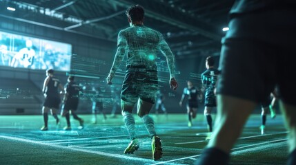 AI powered sports analytics concept with computer vision tracking players in action, showcasing real time performance analysis, and machine learning for enhanced coaching.