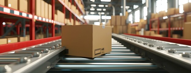 Closeup of multiple cardboard box packages seamlessly moving along a conveyor belt in a warehouse fulfillment center, a snapshot of e-commerce, delivery, automation and products.