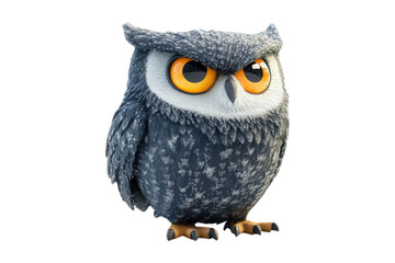 Fototapeta premium A cartoon owl with big yellow eyes and gray feathers, isolated on transparent or white background