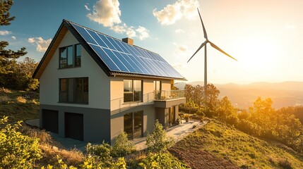 Eco-friendly house with solar panels and wind turbine