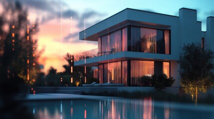 Blurry Real Estate Property with Financial Data Overlay Showing Investment Growth Trends and Market Development at Dusk