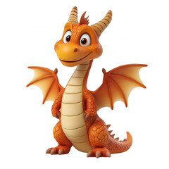 A cute, cartoon orange dragon with wings spread, smiling, isolated on transparent or white background