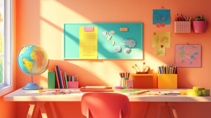A bright and colorful workspace with a desk, chair, globe, and colorful supplies.