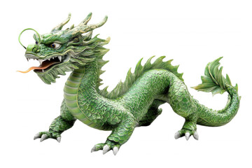 Obraz premium A green dragon figurine with a fierce expression, isolated on transparent or white background