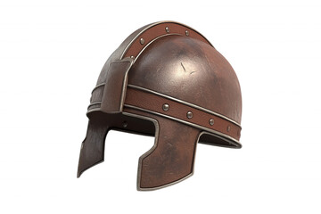 Fototapeta premium A weathered, brown helmet with a metal band and rivets, isolated on transparent or white background