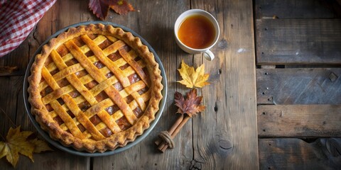 A golden crust lattice top pie sits on rustic wood beside a cup of tea and fall leaves