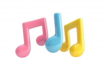 Three colorful musical notes in pink, blue, and yellow, isolated on transparent or white background