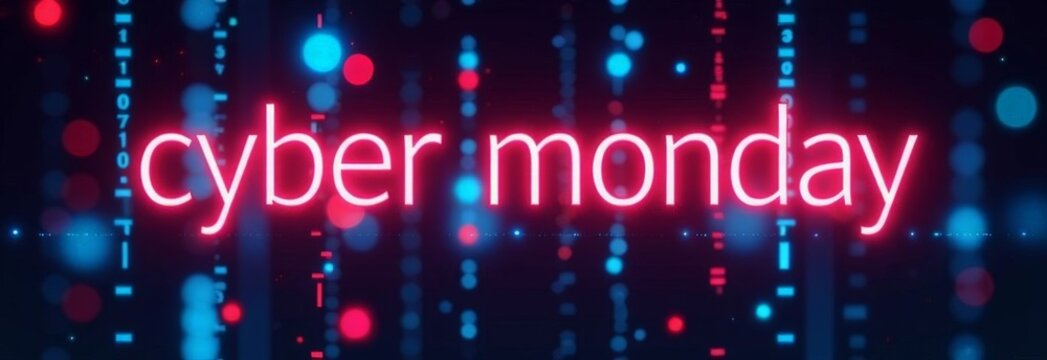 Cyber Monday neon banner.  glowing pink neon text "Cyber Monday" over blurred digital futuristic background 