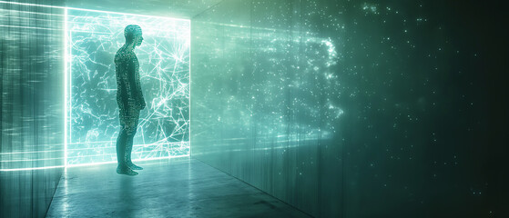 Digital human silhouette emerges from a glowing portal in a dark tech corridor.