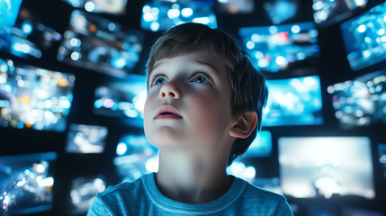 Child mesmerized by multiple screens glowing with blue light, creating a futuristic ambiance.