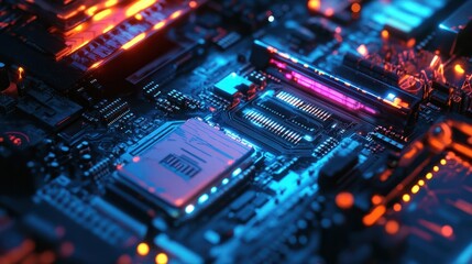 Obraz premium Close-up of a microprocessor on a circuit board, showcasing intricate details and a vibrant blue glow in a tech environment.