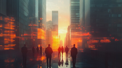 Obraz premium Abstract business team stands on the peak of success amid tall, innovative Smart city and graphs with statistics to analyze business potential and predict future developments in company growth.