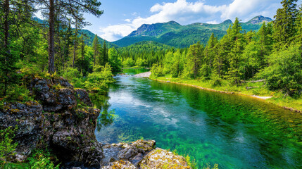 stunning, breathtaking image of serene river winding through lush forest with mountains in background under clear blue sky. vibrant greenery and crystal clear water create peaceful atmosphere