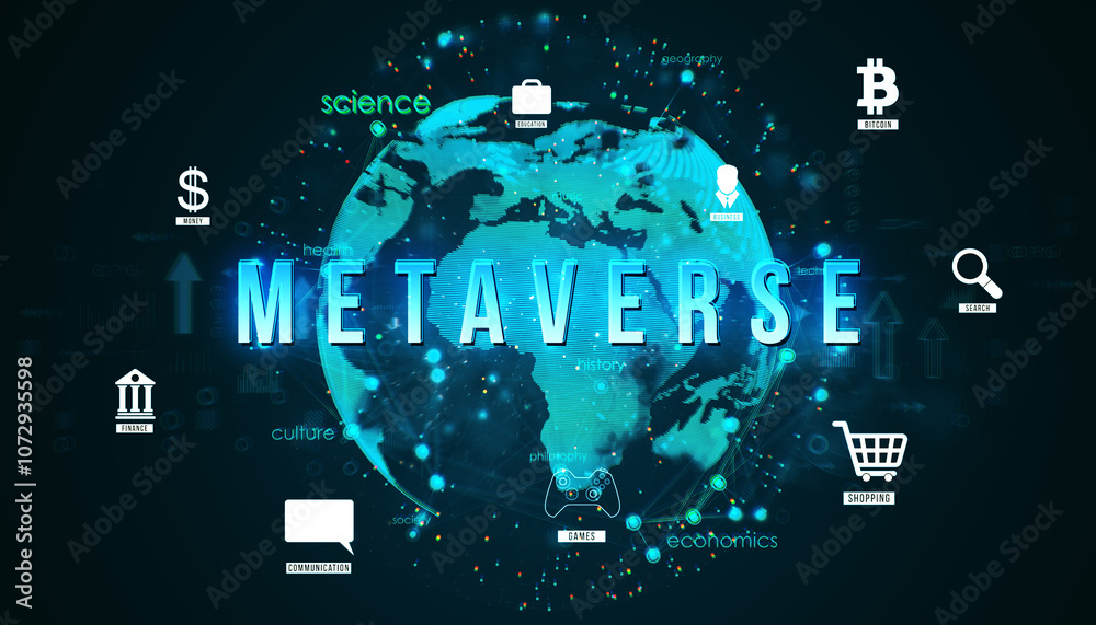 Aufkleber Metaverse concept with virtual icons on a digital world map backdrop. 3D Rendering