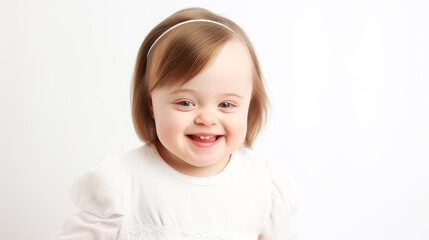 Portrait of smiling laughing girl child with Down syndrome white background.