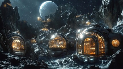 Futuristic Lunar Outpost with Illuminated Domes Nestled Among Rocky Cliffs
