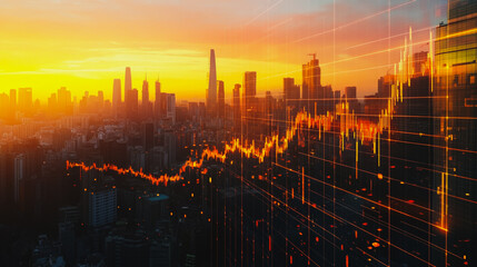 Abstract business team stands on the peak of success amid tall, innovative Smart city and graphs with statistics to analyze business potential and predict future developments in company growth.

