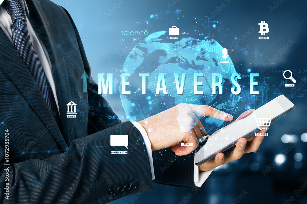 Poster Businessman interacting with metaverse technology on a tablet displaying virtual icons and digital holograms in cyberspace.