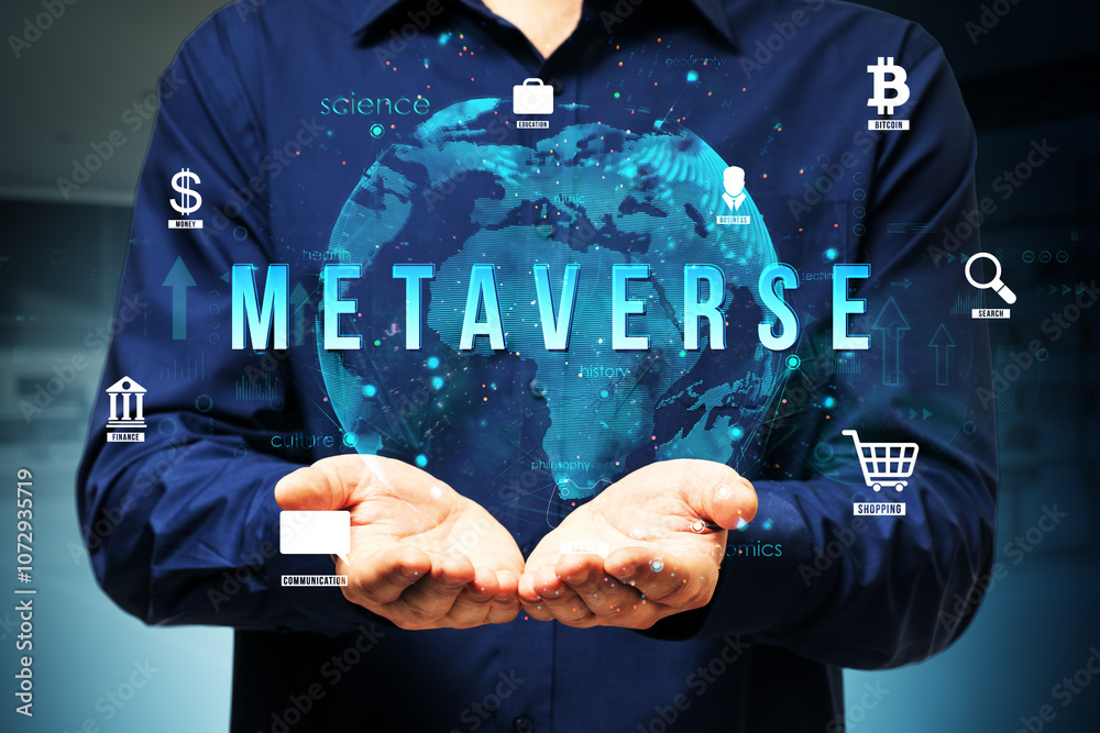 Poster Hands presenting Metaverse with digital icons and holographic world map in the background. Concept of virtual reality and technology.