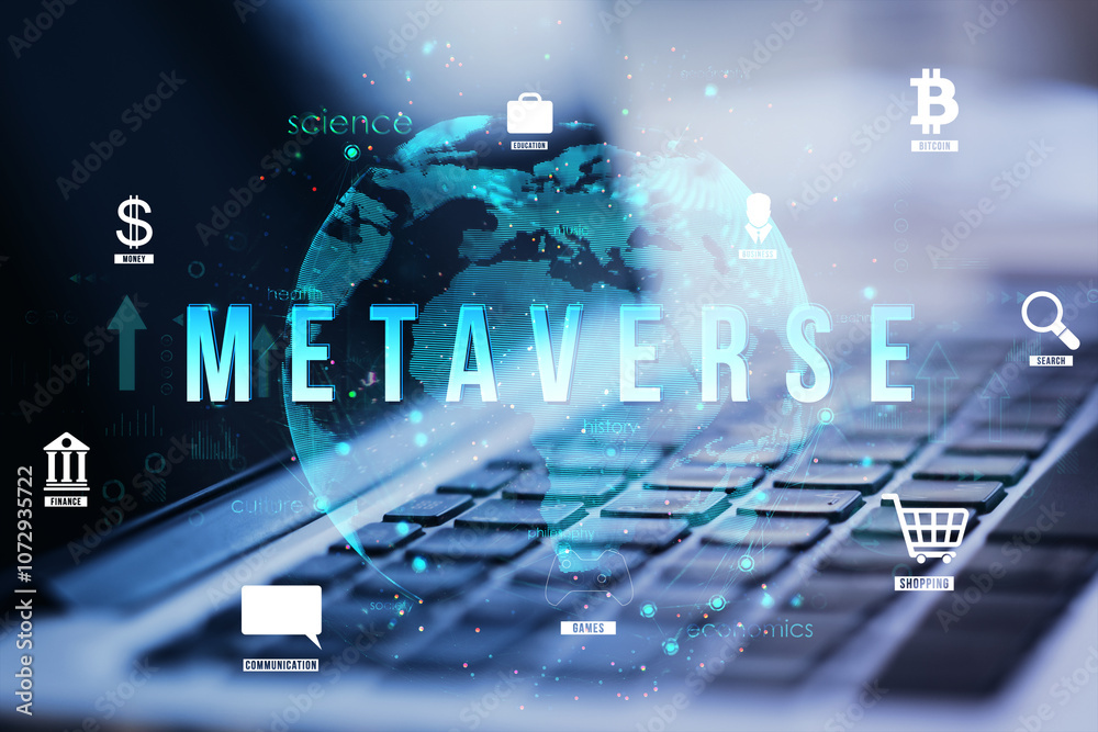 Poster metaverse concept with icons and holographic globe over laptop keyboard, representing digital and vi