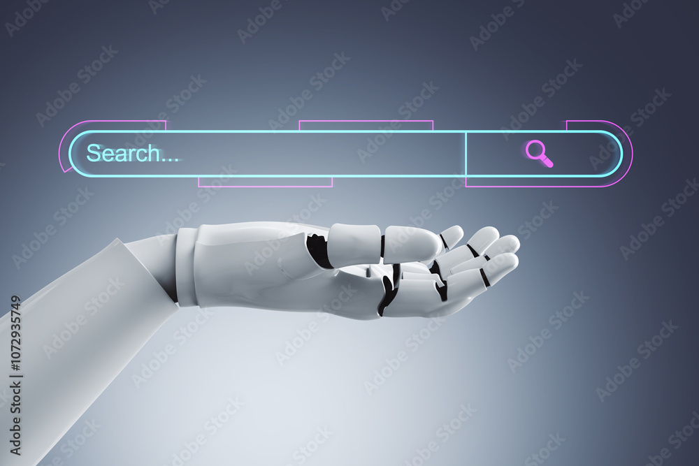 Poster robotic hand holding search bar interface in futuristic technology concept. 3d rendering