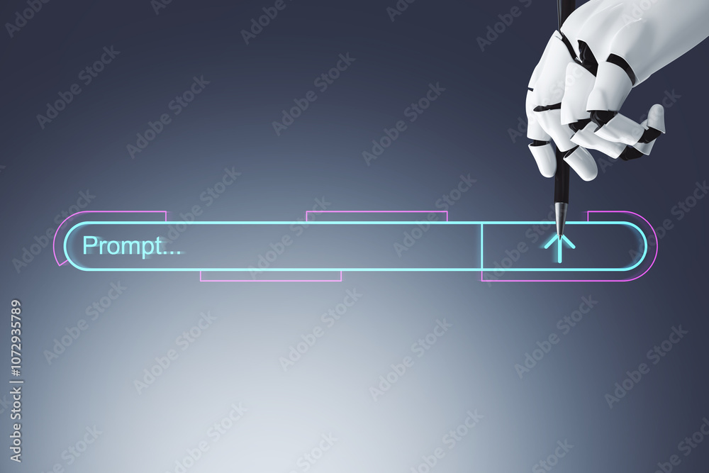 Leinwandbilder Robotic hand interacting with search bar interface on futuristic digital background. 3D Rendering