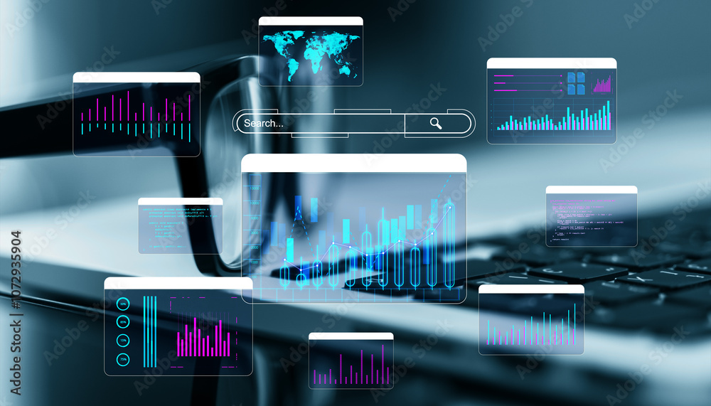 Aufkleber Digital data analysis interface with charts and graphs floating over a laptop in a modern business environment.