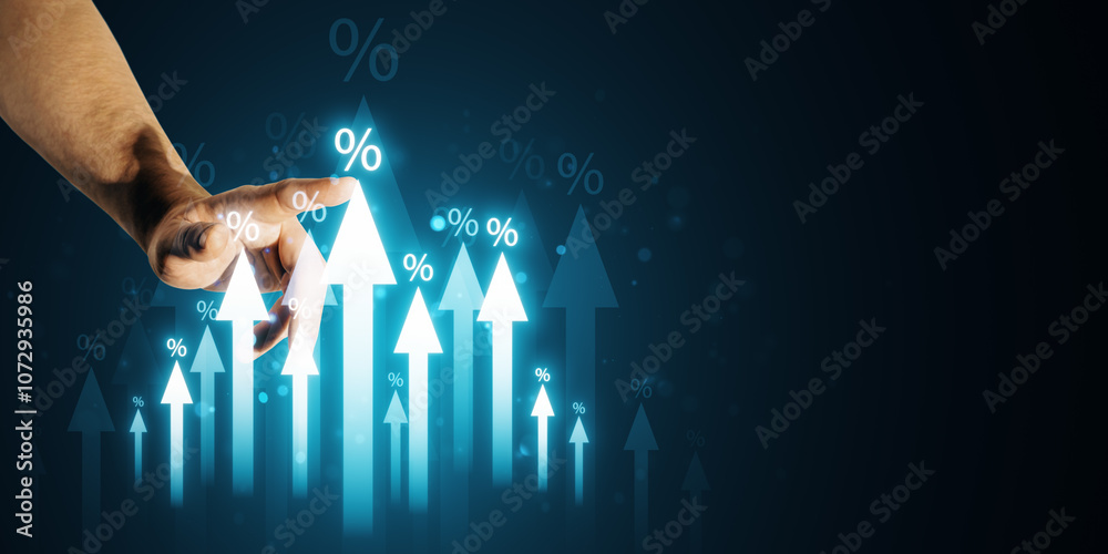 Poster upward arrow symbol with hand touching growth indicators on a dark background.