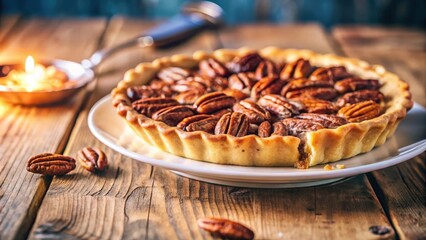 A single slice of pecan pie sits on a white plate, ready to be enjoyed, with scattered pecans on a rustic wooden table.