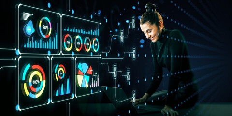 Businesswoman Analyzing Financial Data on Digital Interface.