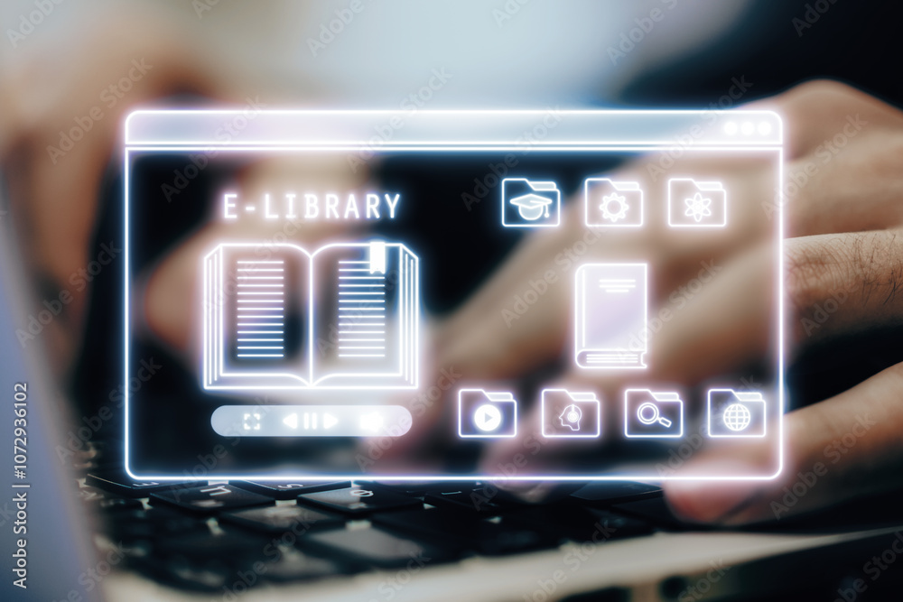 Poster digital e-library interface with neon icons on laptop screen.