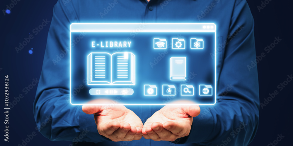 Aufkleber Digital E-Library Interface Displayed in Hands on Dark Background.