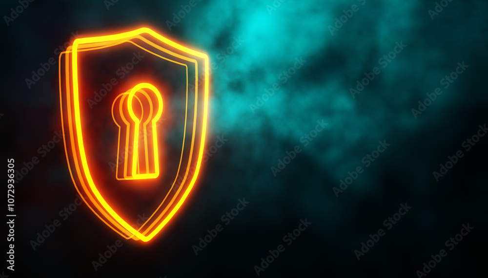 Fototapete neon shield with keyhole symbol on a dark smoky background for cybersecurity concept. 3d rendering