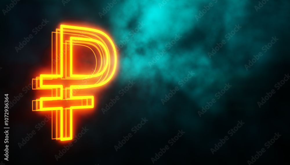 Poster neon russian ruble sign on abstract background with light and smoke effects. 3d rendering