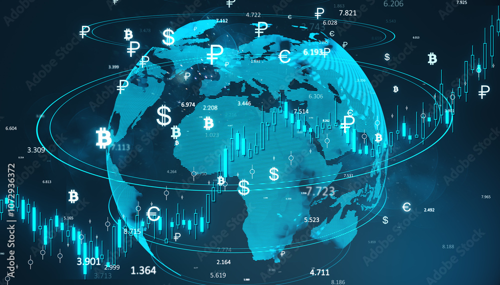 Poster global currency exchange and market trends visualization. 3d rendering
