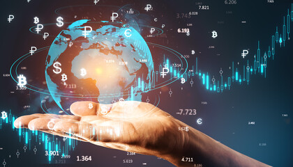 Digital globe with currency symbols and hand on blue background.