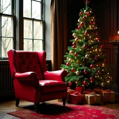 A red leather armchair situated near a Christmas tree is adorned with colorful lights and ornaments.