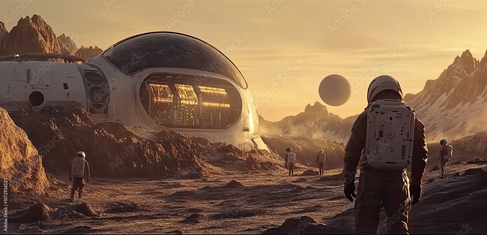 Wall mural astronauts exploring an alien planet with a spaceship and a large moon in the background