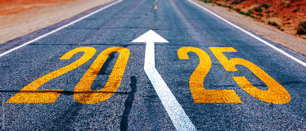 Poster road with arrow and 2025 markings symbolizing future progress and direction.