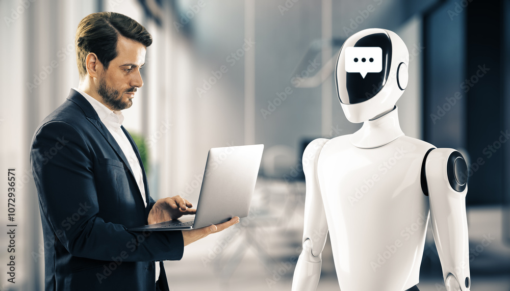 Poster Businessman looking at laptop while standing in front of a humanoid robot with a chat symbol on its face in office environment.