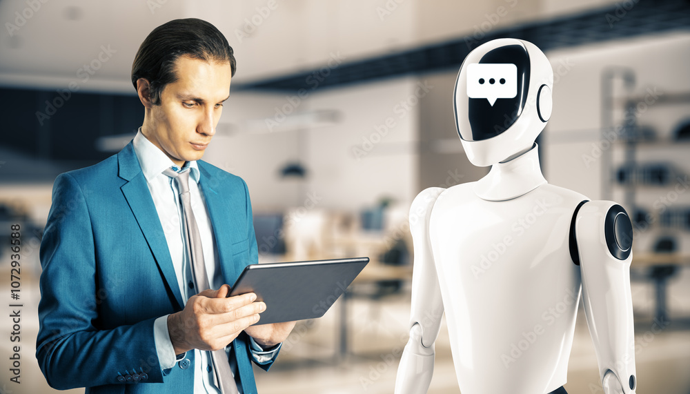 Poster businessman interacting with a humanoid robot in an office environment, focusing on a tablet. concep