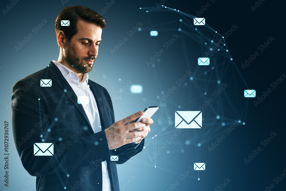 Poster Businessman Using Smartphone with Digital Email Network Interface.