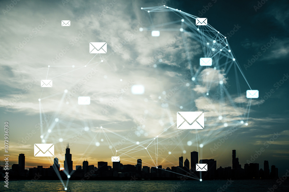 Poster digital email network with envelopes connecting over urban skyline at sunset.