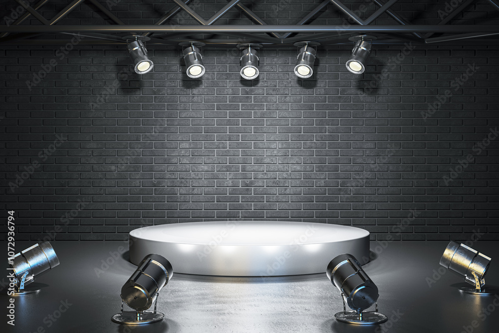 Aufkleber stage with round podium and spotlights in a dark interior with brick wall background. 3d rendering