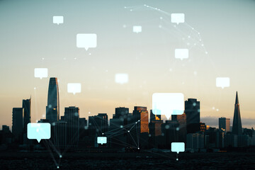 Social communication with speech bubbles and digital network overlay on city skyline at dusk background.