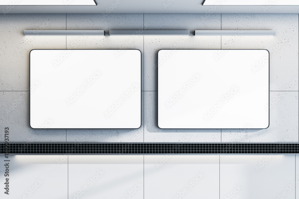 Poster two blank white poster frames on a subway wall. 3d rendering