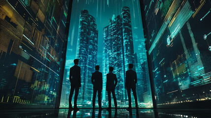 Obraz premium Abstract business team stands on the peak of success amid tall, innovative Smart city and graphs with statistics to analyze business potential and predict future developments in company growth.