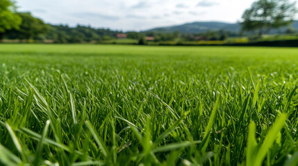 Fototapeta premium Lush green grass in calm countryside field with distant hills and trees. serene landscape invites relaxation and connection with nature