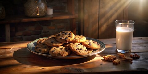A plate of freshly baked chocolate chip cookies sits on a rustic wooden table, accompanied by a tall glass of milk, bathed in the warm glow of afternoon sunlight.